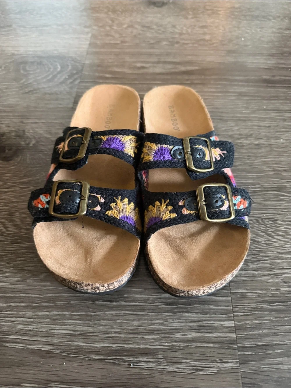BAMBOO Black Floral Embroidered Double-Buckle Sandals